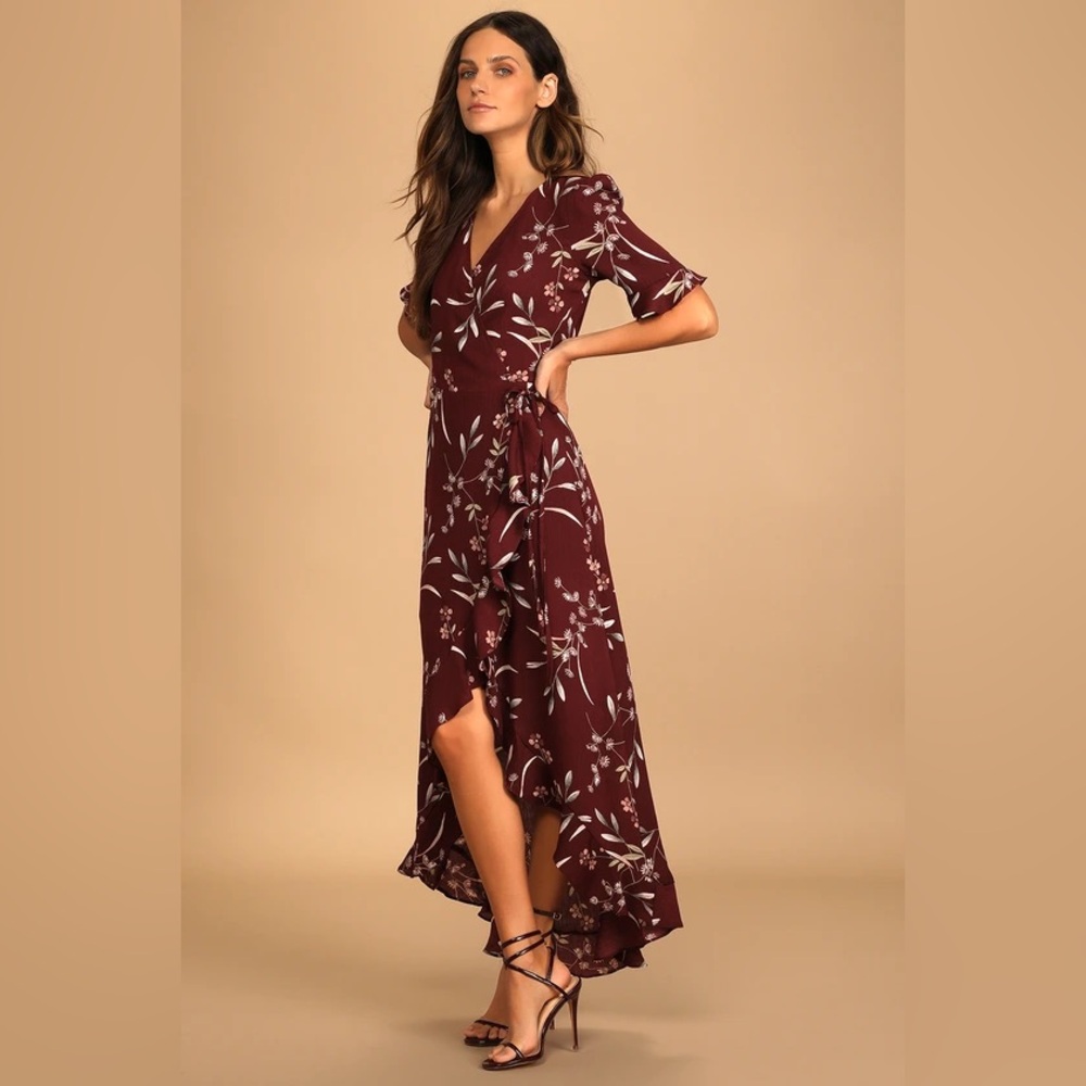 Lulus Wild Winds Burgundy Floral Print High-Low Wrap Dress, Small